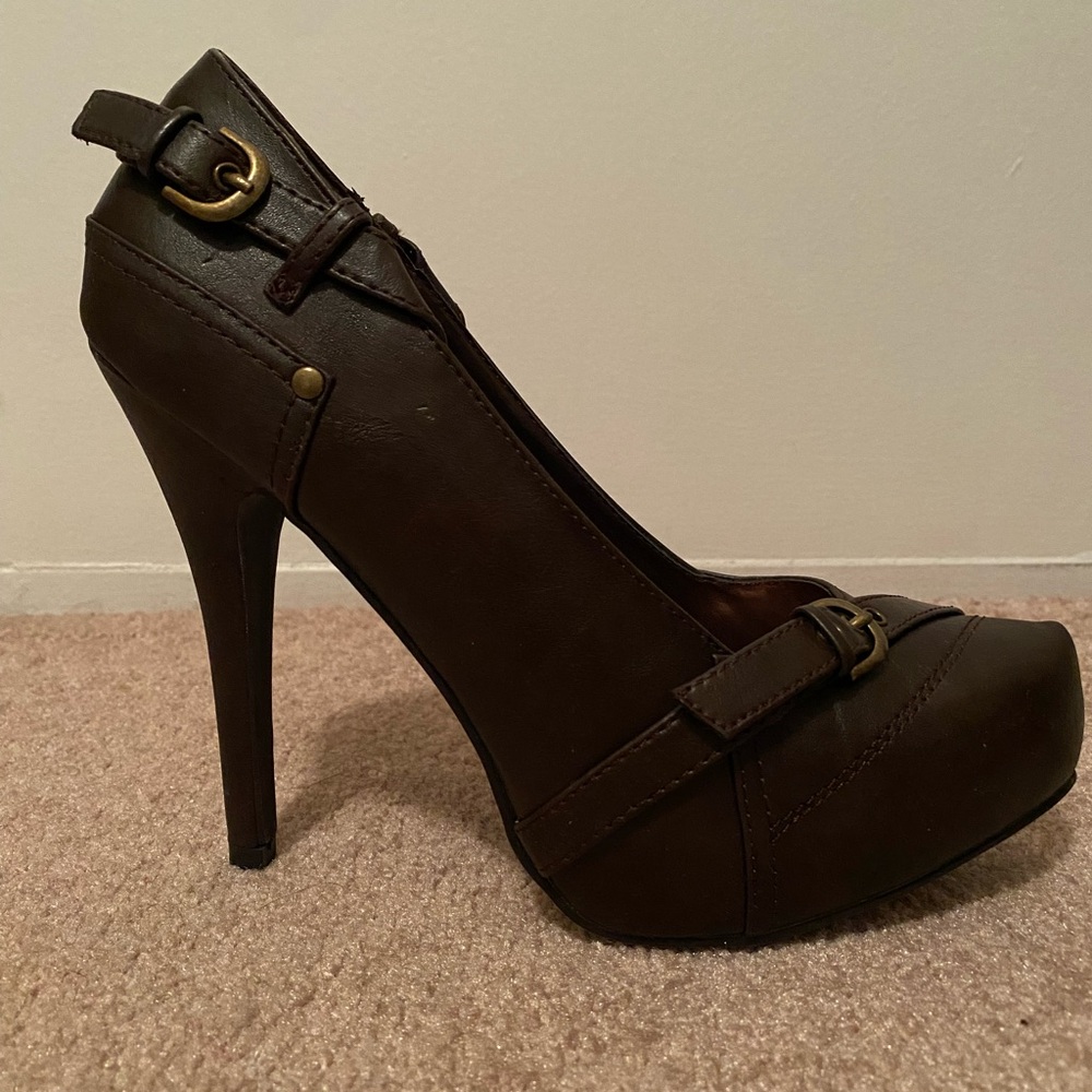 Qupid Dark Brown Buckle Heels